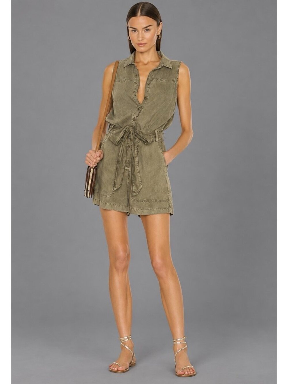 BELLA DAHL Womens XS Utility Short Romper in Kalamata (Olive Green) Revolve